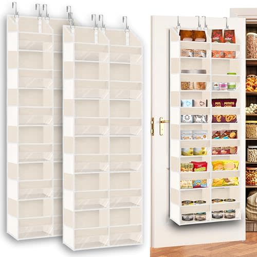 2 Pack Over The Door Organizer 6 Tiers, Extra Large Behind Door Storage of 12 Compartments, 80 lbs Weight Capacity Hanging Storage Organizer with Clear Window Kids Toys,Shoes (6 Tiers - Beige)
