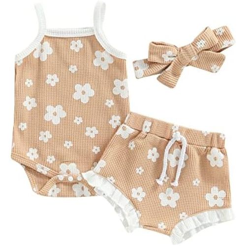 3pcs Toddler Girls Summer Outfits Ribbed Halter Crop Top Romper Bodysuit +Floral Bloomer Shorts+Headband Clothes Set