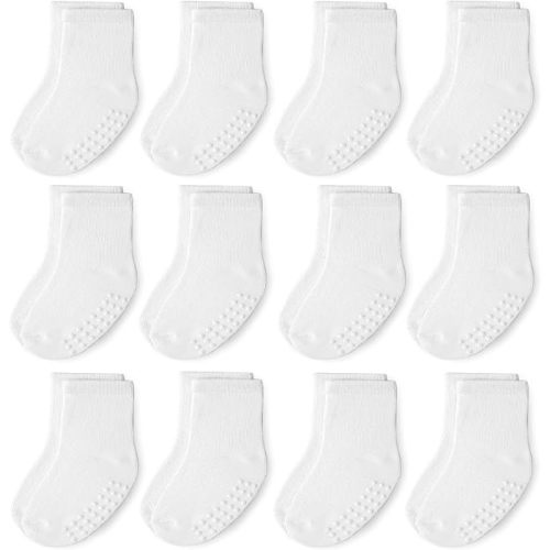 JAKIDAR 12 Pack Baby Toddler Socks Non Slip Grip Cotton Crew Socks for Boys Girls Infants Kids