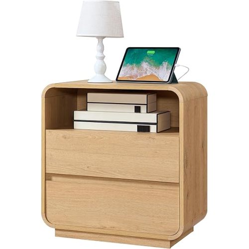 Modern Nightstand, 25" Tall Wood Bedside Table with Charging Station, 2 Storage Drawers Side Table, Large End Table Night Stand for Bedroom, Office, Sofa, Curved Profile Design, Natural