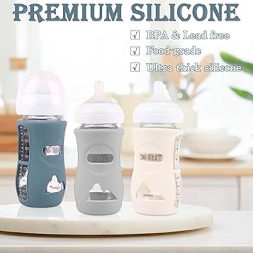 3 Pack Silicone Sleeves for Avent Natural Glass Baby Bottles, Anti Breakage Baby Bottle Holder, Compatible Philips Avent Glass Natural Baby Bottle 8 oz (Grey+Dark Blue+Apricot)