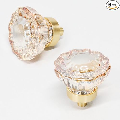 Cabinet Knobs 6 Pcs, Crystal Drawer Knobs 1.4" Diameter Glass Handles for Dresser, Kitchen, Bathroom (Flower Champagne)