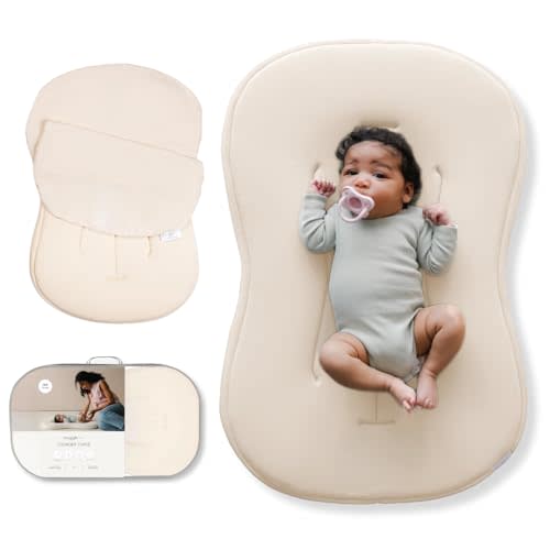 Snuggle Me Baby Lounger Curve (0-6 Months) - Premium Organic Cotton with Foam Core, Machine-Washable Cover, Buttery-Soft & Breathable Infant Lounger with Travel Bag (30 in x 20 in x 1.9 in) - Natural