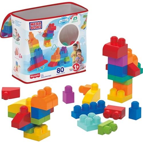 Mega Bloks First Builders Toddler Blocks Toys Set, Big Building Bag with 80 Pieces and Storage, Ages 1+ Years