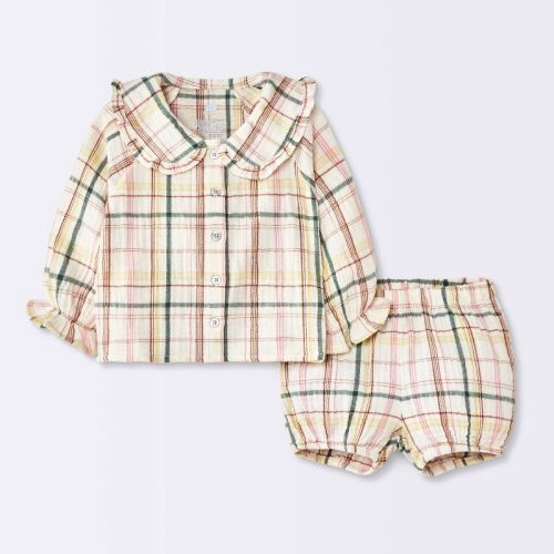 Baby Girls' Collar Plaid Long Sleeve and Shorts Set | Pink 3-6M