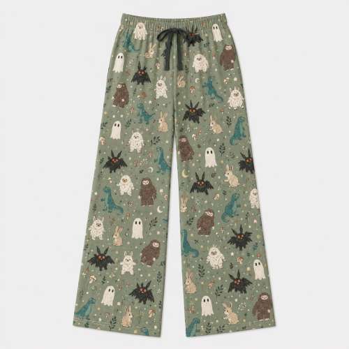 Cryptid Cuties Lounge Pants, Cute Cryptid Pajama Pants, Cozy Unisex Sleepwear, Moss Green Loungewear, Fantasy Creature Gift.