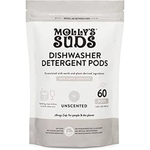 Molly's Suds Dishwasher Pods | Natural Dishwasher Detergent, Cuts Grease & Rinses Clean (Residue-Free) for Sparkling Dishes, Biodegradable Auto-Release Tabs (Fragrance Free - 60 Count)