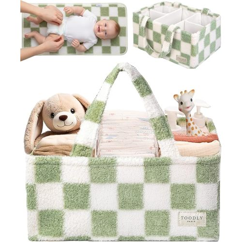 Toodly Checkered Diaper Caddy Organizer with Portable Changing Mat - Teddy Fleece Diaper Organizer for Changing Table - Caddy Organizer with Removable Dividers - Green and White