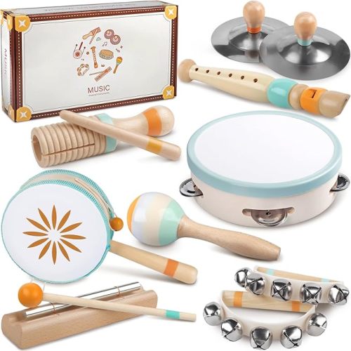 Baby Musical Instruments - Montessori Musical Toys for Toddlers 1-3, Wooden Percussion Instruments Set, Kids Preschool Educational Music Learning Toys, Birthday Gifts for Boys Girls (Neutral)