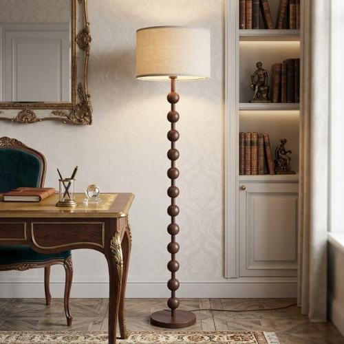 Modern Wood-Grain Metal Floor Lamp with Linen Shade