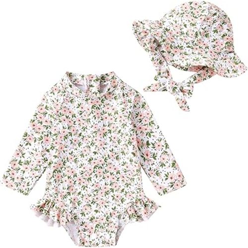 Infant Baby Girl Swimsuit One-Piece Long Sleeve Rash Guard with Hat Set Floral Zipper Bathing Suit Leopard Beach Wear