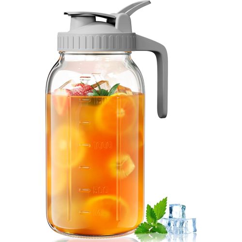 64oz Mason Jar Pitcher, Airtight & Leakproof Glass Pitcher with Lid, Perfect for Sun Tea, Iced Tea, Cold Brew and Breastmilk, 2 Quart (1/2 Gallon) Mason Jar with Pour Spout Lid and Handle