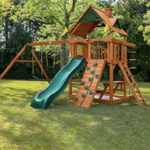Gorilla Playsets Chateau Wooden Outdoor Playground Set with Slide, Sandbox, Rock Wall, Swing Set, and Playground Equipment 01-0003-AP