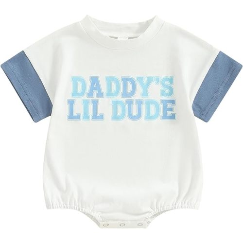 Baby Boy Bubble Romper Daddys/Mamas Lil Dude Color Block Short Sleeve Oversized Bodysuit Newborn Summer Outfit