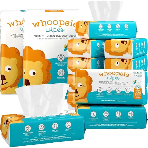 Whoopsie Wipes – The Original 100% Pure Cotton Dry Baby Wipes – Ultra Soft, Unscented, Chemical-Free Wipes for Sensitive Skin – Use Dry or Add Water for Wet Wipes – 12 Packs (1200 Count)