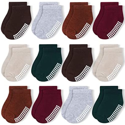 JAKIDAR 12 Pair Baby Toddler Socks Non-Slip Grip Cotton Ankle Socks for Boys Girls Non Skid Soles for Infants Kids