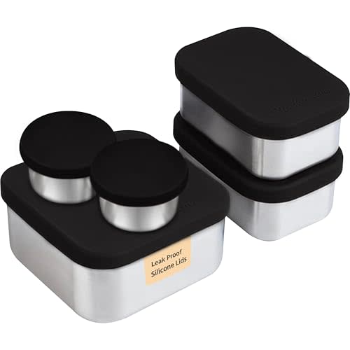 Modaniam Flexibento - Leak proof Stainless Steel Bento Box | Stainless steel Snack Containers | Food Containers with Silicone Lids | Metal Food Containers| Bentobox - Black, 52 Oz Set (set of 5)