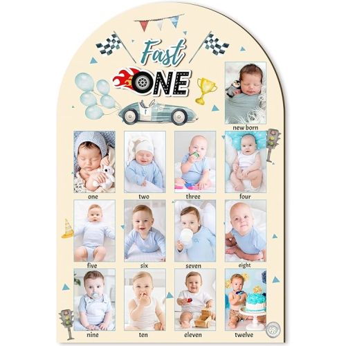 R HORSE My First Year Photo Display Wood Board - 3D Race Car Baby's First Year Picture Frame, 12 Months Milestone Board Neutral Baby Keepsake Gift One Year Old Birthday Nursery Decor for Boy
