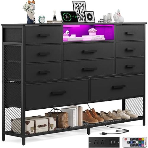 Black Dresser for Bedroom with 10 Drawers, Chest of Drawers with Charging Station, TV Stand Storage with LED Light for 55" TV, Fabric Drawers with PU Finish, Dresser with Shelves for Closet