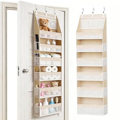 KMSCO Over The Door Organizer 6 Large +13 Mesh Side Pockets | 55lbs capacity, heavy duty non-woven fabric.Ideal for nursery, bathroom, pantry, closet. Beige, 1 pack.