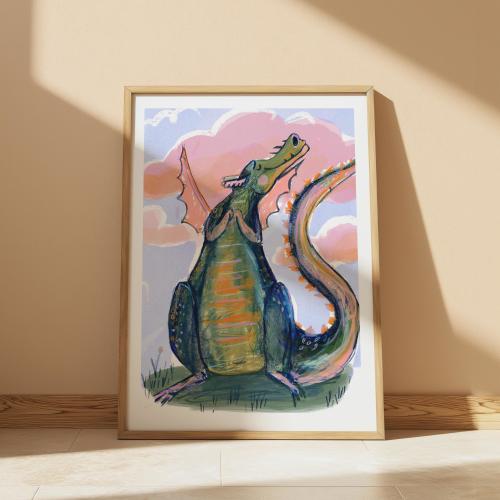 Happy Dragon Nursery Print: magical Fairytale fantasy wall art Decor (Digital Download)