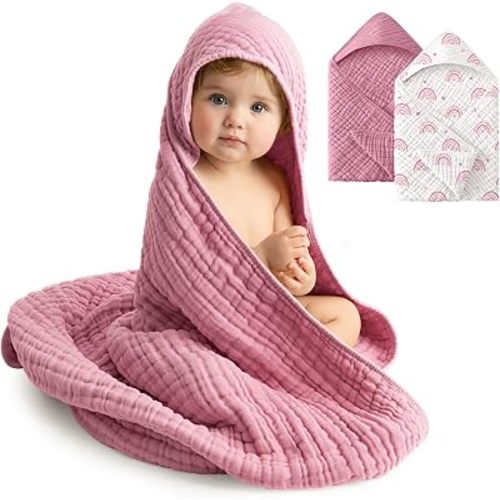 Baby Girl Bath Towels, 100% Muslin Cotton Hooded Baby Towels for Newborn, 2 Pack Baby Towels with Hood for Infant Toddler and Kids, Large 32x32Inch Bath Essentials, Soft and Absorbent