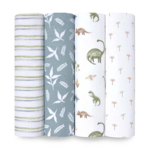 aden + anais, Cotton Muslin Swaddle Blanket, Dino Jungle, Blue, Boys, Infants, 4-Pk