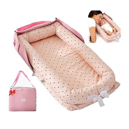 Baby Lounger for Newborn Portable Bag,Baby Nest Play Gym mat with Strap,Newborn Lounger Adjustable Size & Inner Zipper Lengthen Space to 24 Months(Pink Polka Dots)