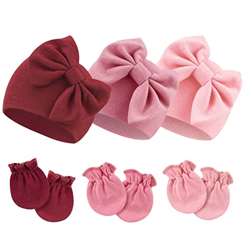 BQUBO Newborn Girls Hats Baby Hat and Mittens Set Infant Caps Bow Hospital Beanie with No Scratch Mittens for Baby Boys Girls