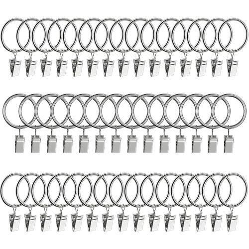 44pcs Curtain Rings with Clips Hooks, 1.26 inch Metal Stainless Steel Drapery Rings Hanger Clips for Tension Rod Bracket Eyelets Decorative Hangers, Silver (1.26" Interior Diameter)