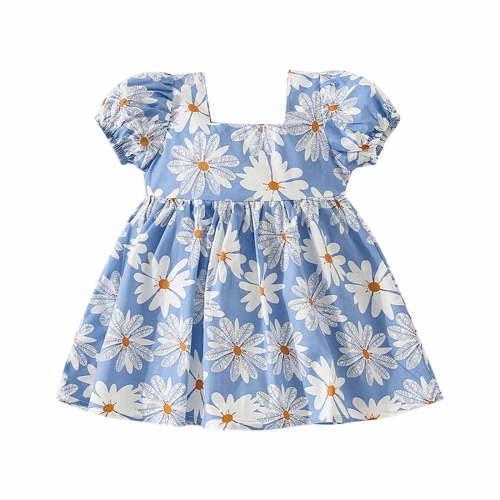Cute Baby Girl Clothes Dresses 3-6 Month Casual Puff Sleeve Princess Floral Cotton Dress Infant Summer Fashion Outfits Blue 6 Months