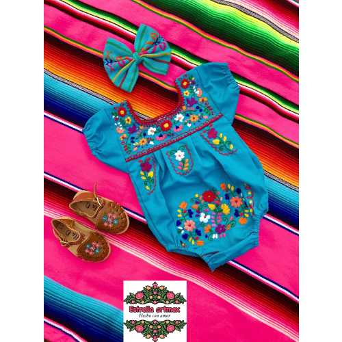 Mexican jumpsuit for girls//Mexican outfit for babies//Embroidered Mexican baby bodysuit set//party jumpsuit and bow