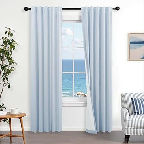 Light Blue Blackout Curtains 84 Inch Length for Bedroom,Baby Sky Blue Linen Black Out Back Tab Pleated Coastal Curtains 84 Inches Long for Living Room Nursery Girls Kids Room Set 2 Panels