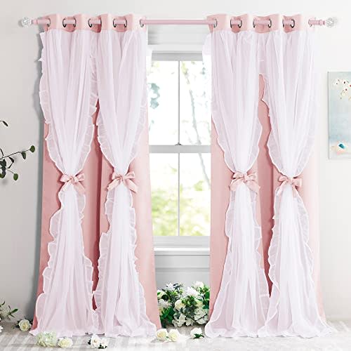 PONY DANCE Pink Curtains, Double Layer Bow Curtains with Ruffle Sheer Overlay for Girls Bedroom,Shabby Chic Room Darkening Drapes in Coquette Style,Blush Pink,52x84 inch, 2 PCs