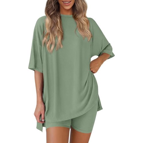 PRETTYGARDEN Women 2 Piece Lounge Set 2026 Summer Casual Oversized Shirts Biker Shorts Matching Airport Travel Outfit Clothes