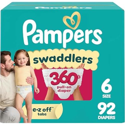 Pampers Diapers - Swaddlers 360° - Size 6, 92 Count, up to 100% Leakproof Comfy Dry Fit, Designed for Easy Changes, Pull On Baby Diaper (Packaging May Vary)