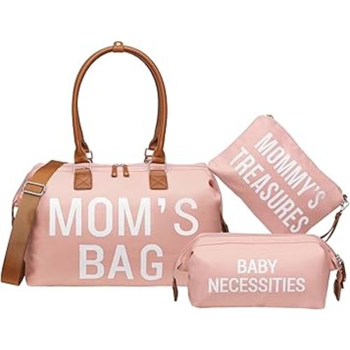 printe Mommy Diaper Bag Tote for Girls with 2 Organizer Pouches, Large Capacity Mom's Bag for Hospital and Weekender Travel, Pink