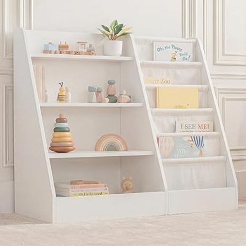 Comfy Cubs Kids Bookshelf 35.2 x 15.7 x 31.5 Inches - Sturdy MDF Montessori Book Shelf with Soft & Hard Shelves for Toys & Books - Child-Friendly, Easy Access Storage Organizer for Kids - White