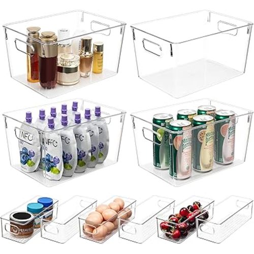 Tiawudi Set of 10 Clear Plastic Storage Bins, 4 Large and 6 Small Stackable Storage Containers for Pantry Organization, Organizer Bins for Home, Kitchen, Bathroom, Office, Cabinet Shelf Organizers