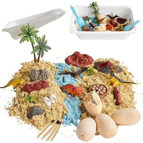 Beright Sensory Bin, Dinosaur Sensory Toys with 2 Colors Play Sand for Kids, Sensory Box with 4 Dinosaur Eggs Excavation dig kit, Perfectly Matched with Beright Sensory Table