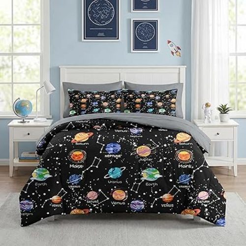 Nesker 5 Pcs Comforter Set Twin Size, Cute Space Galaxy Bedding for Kids Teen, Planets Moon Stars Bed Sheet with Pillowcase & Sham