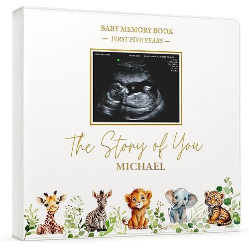 Baby Book Keepsake - Timeless Baby Memory Book for Boy or Girl I First 5 Year I Faux Leather, Gender Neutral, Safari Theme w/Gold Foil Stamp - Baby First Year Book Journal Scrapbook Photo Album Shower