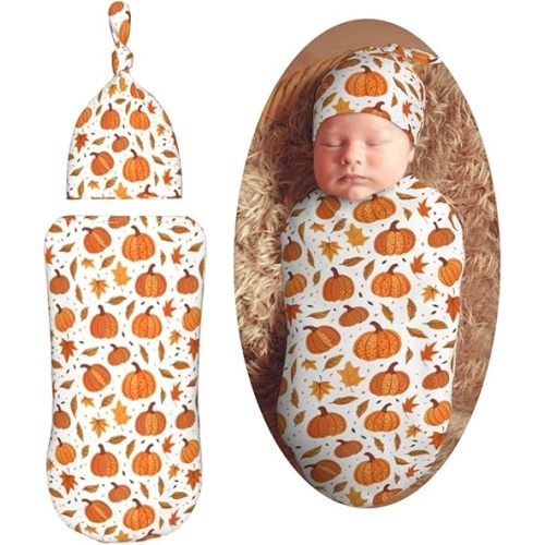 Pumpkins and Falling Leaves Newborn Swaddle Blankets Hat Sets Soft Baby Receiving Blanket Swaddle Sack for Baby Shower Infant Boy Girl Gift