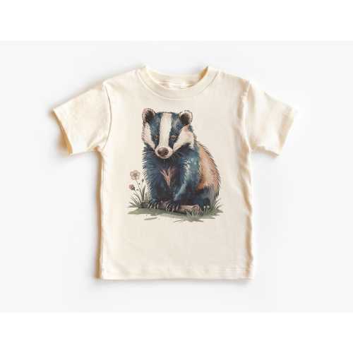 Retro Badger With Flowers Kids Shirt - 90s Cute Animals Meadow Nature Scene - Natural Boho Adult, Toddler & Youth Tee