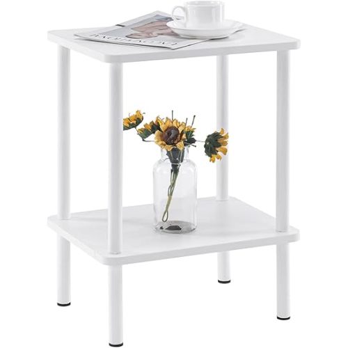 Apicizon 2 Tier End Table, Small Side Table with Solid Wood Legs, Boho Bedside Table with Storage Shelf, Nightstand for Small Spaces, Bedroom, Living Room, Entryway, Farmhouse, Easy Assembly, White