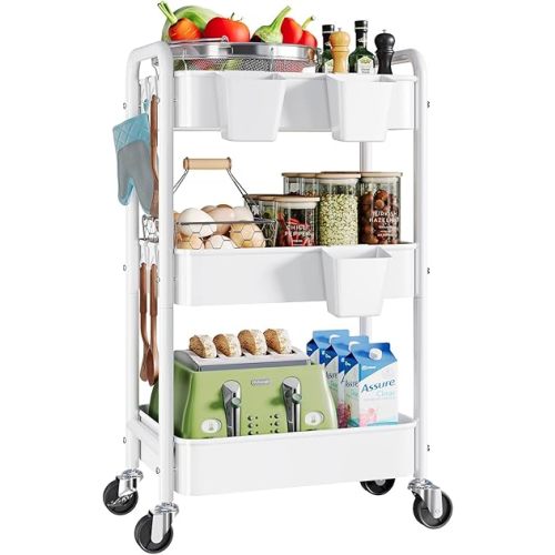 3 Tier Rolling Cart Metal with Wheels, White Three Tiered Storage Cart on Wheels, Utility Trolley Carts Organizer for Kitchen Storage, Pantry, Snack, Craft, Art, Lash, Makeup, Bathroom, Dorm Supply