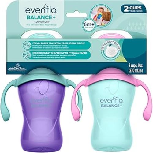 Evenflo Balance+ Trainer Cups for Babies 6+ Months, Purple and Mint, Ergonomic Design with Handles, 9oz, 2 Pack