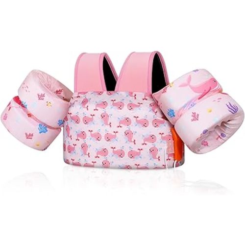 MoKo Toddler Swim Vest for Kids, Swim Arm Floaties 22-66lbs Cartoon Swimming Water Wings Pool Float Vests Sleeves Shoulder Straps Arm Band for Children Learn to Swim, Pink & Whale