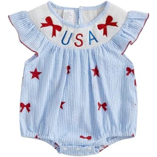 MoZiKQin Baby Girl 4th of July Outfit Embroidered American Flag Plaid Bubble Romper Smocked Bodysuit Cute Summer Clothes