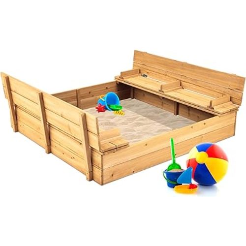 Best Choice Products Large Outdoor Wooden Sand Box for Kids, Sandbox with Cover, Bench Seats Support up to 220 lbs, Bottom Liner for Drainage, Cedar Wood - Natural